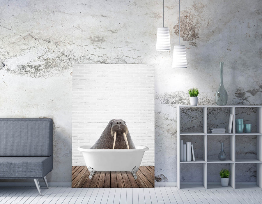 WALRUS IN BATHTUB -QUIRKY CANVAS WALL ART PRINT ARTWORK ANIMAL FRAMED BATHROOM