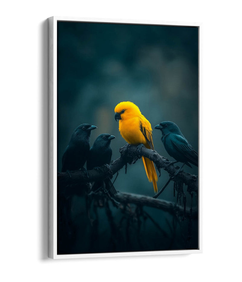 Canvas Wall Art – Yellow Bird With Black Crows | Float Effect, Ready To Hang