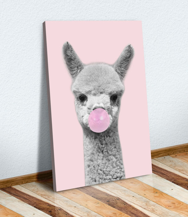 Baby Alpaca Wall Art - Black White Canvas Artwork | Handmade Pink Alpaca Print