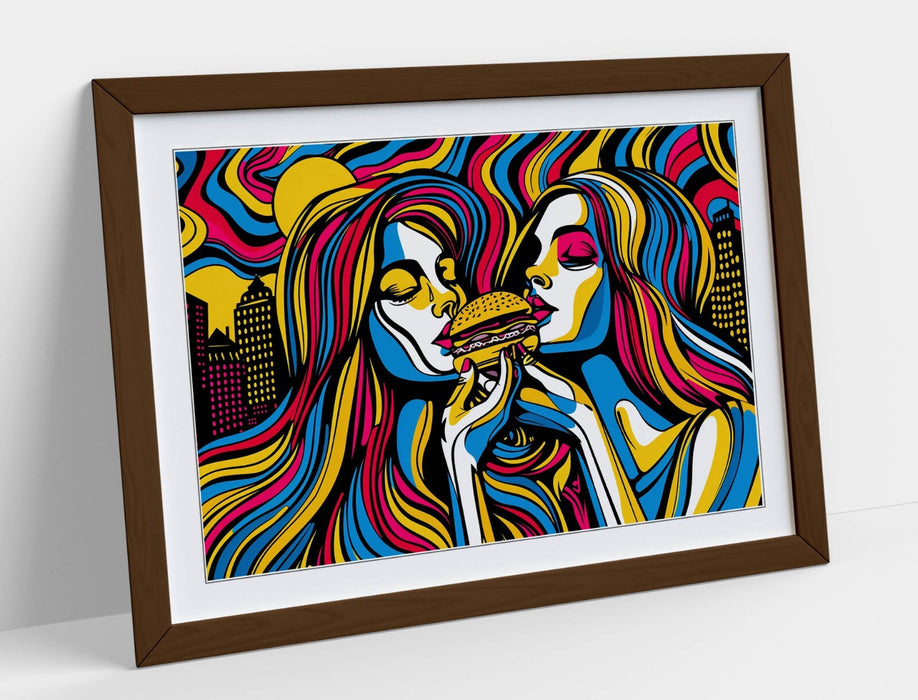 Framed Wall Art - Multi Colour Women Burger Artwork | Contemporary Poster Print 4 Sizes