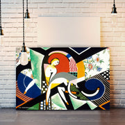 Abstract artwork with geometric shapes and vibrant colors on a brick wall background