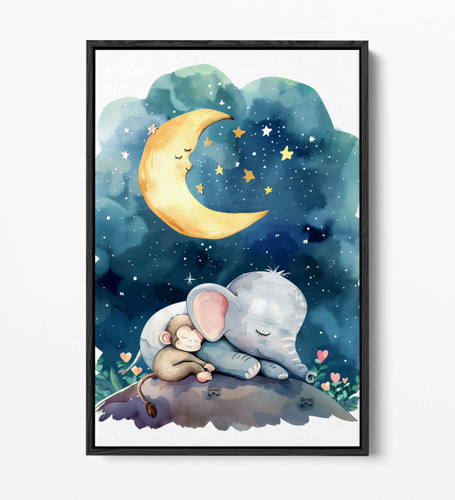 Kids Bedroom Canvas Art - Cute Elephant Monkey Print | Handmade Float Effect Wall Art