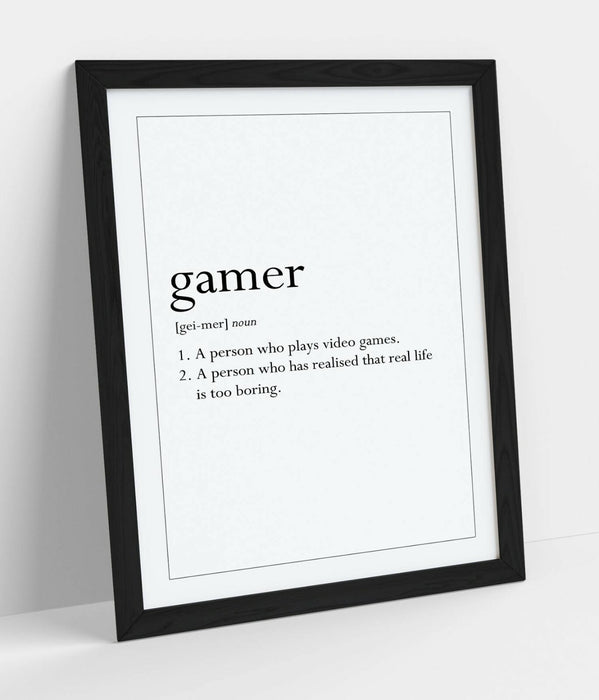 GAMER DEFINITION FUNNY QUOTE SLOGAN BEDROOM HOME -FRAMED WALL ART PICTURE PRINT