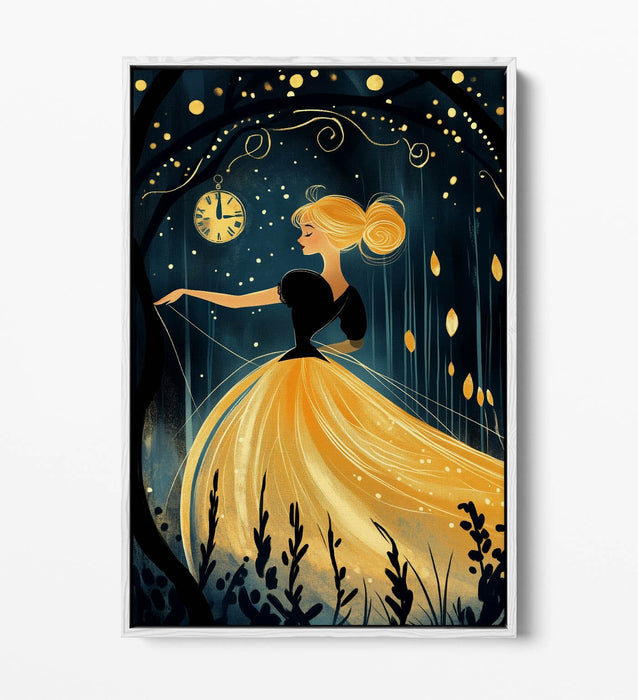 Kids Canvas Wall Art - Gold Cinderella Print With Float Effect & Premium Frame