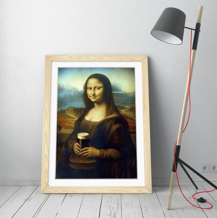 Funny Framed Wall Art – Mona Lisa Holding Pint of Stout | Handmade UK Poster Print