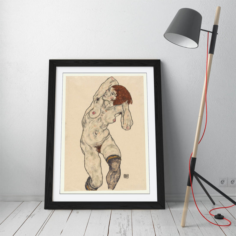 Framed Art Poster - Nude Art Print with Black Stockings | Matte Paper, Wood Grain Frame