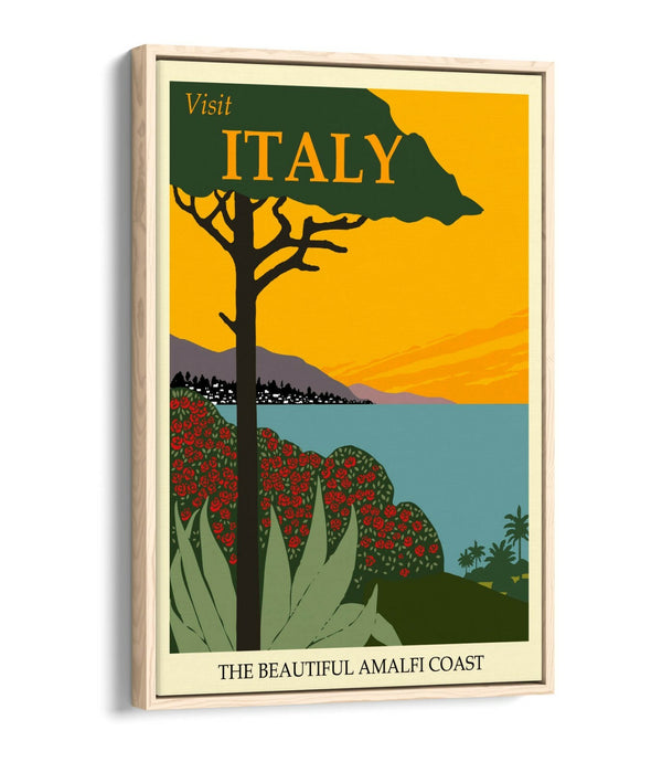 RETRO VINTAGE ITALY TRAVEL POSTER -FLOAT EFFECT CANVAS ART PRINT- BLUE, GREEN