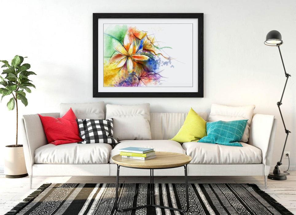 Framed Wall Art - Flower Multi Colour Splash Abstract Poster Print With Woodgrain Frame