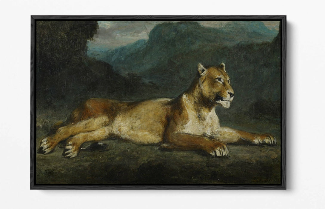EUGENE DELACROIX, LIONESS RECLINING -FLOAT EFFECT CANVAS ART PRINT
