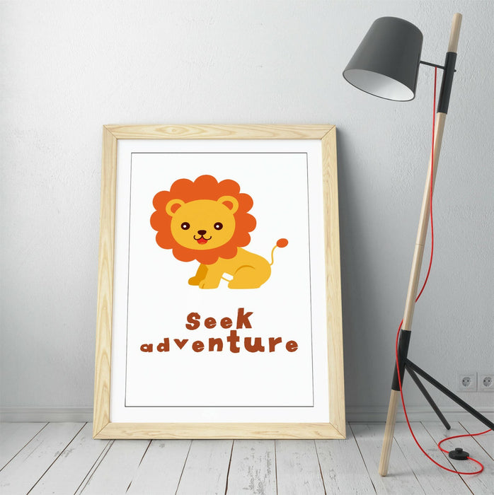 "SEEK ADVENTURE" LION QUOTE KIDS ROOM NURSERY -FRAMED WALL ART PICTURE PRINT