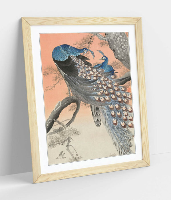 OHARA KOSON, TWO PEACOCKS ON TREE BRANCH -FRAMED STREET ART POSTER PICTURE PRINT