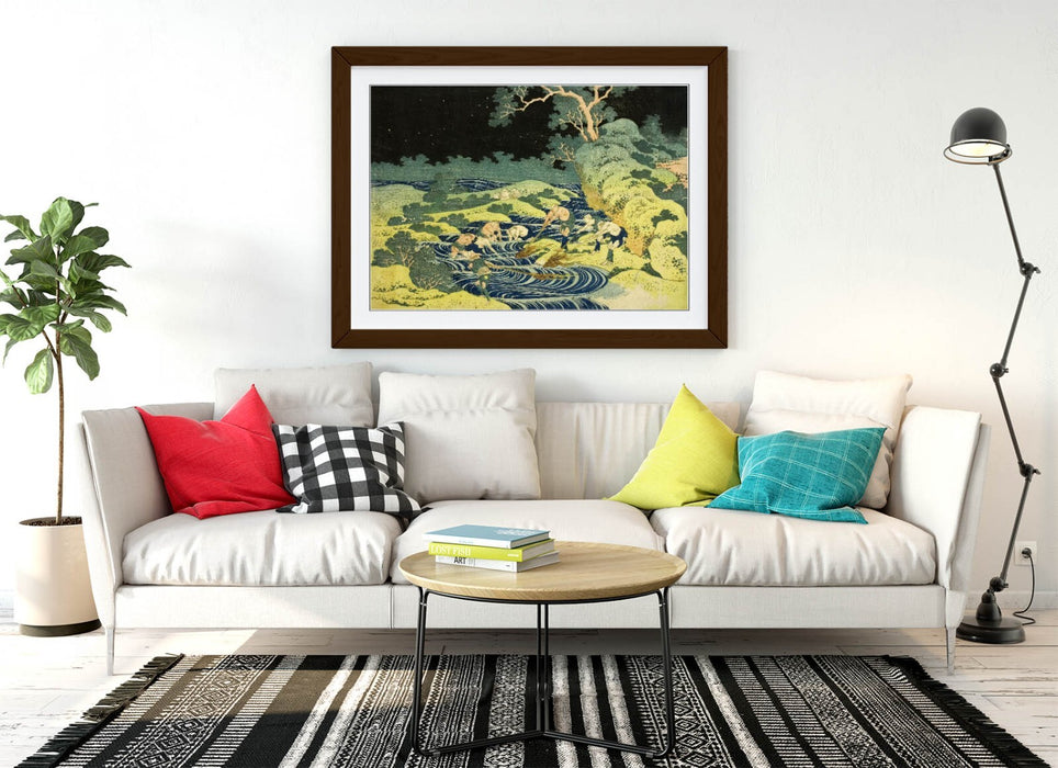 Framed Art Poster - Katsushika Hokusai Fishing Scene Artwork | Woodgrain Frame Wall Art Print
