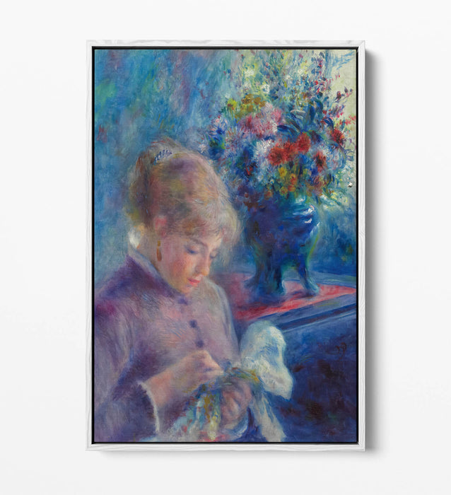 PIERRE AUGUSTE RENOIR, YOUNG WOMAN SEWING -FLOAT EFFECT CANVAS WALL ART PRINT