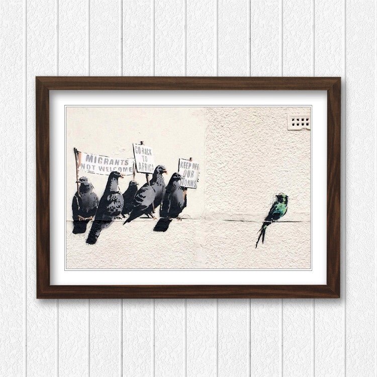 Banksy Framed Art Poster - Racist Pigeons Graffiti Wall Art in Woodgrain Faux Frame