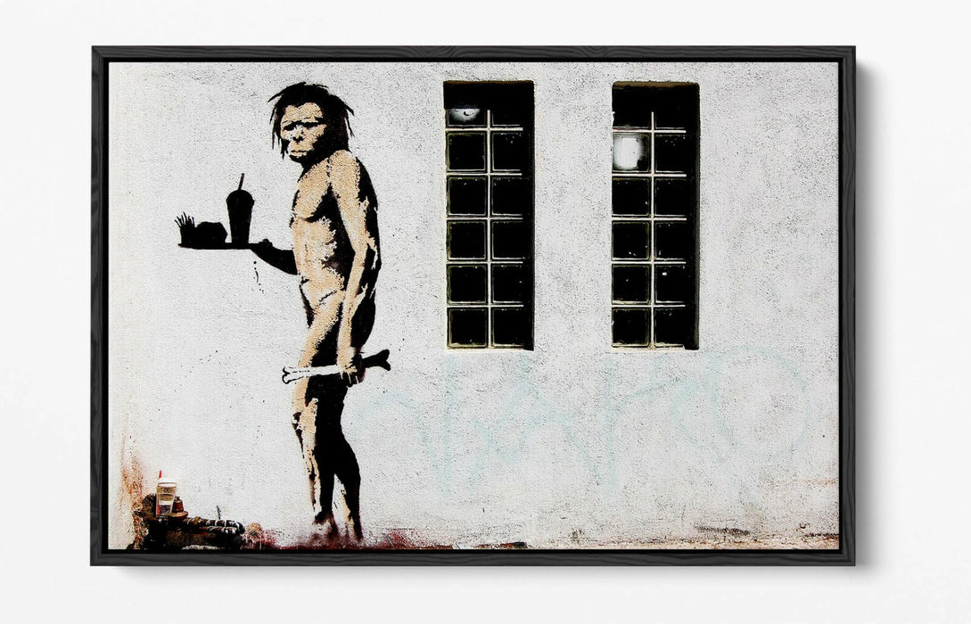 BANKSY FAST FOOD CAVEMAN -FLOAT EFFECT CANVAS WALL ART PIC PRINT- GREY BLACK