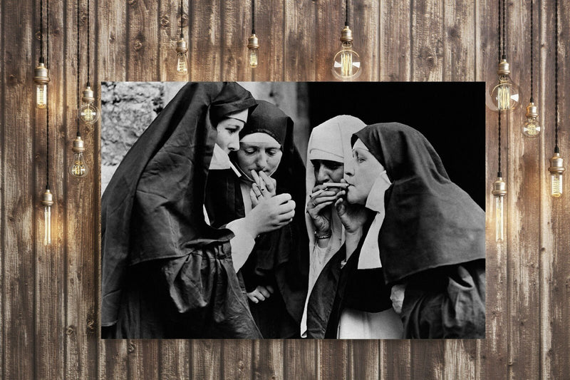 Vintage Canvas Wall Art – Nuns Smoking Artwork | Handmade Framed Canvas Print