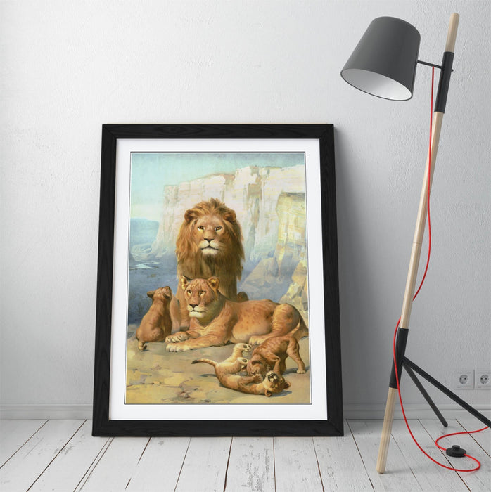 Lion Wall Art - Framed Wildlife Wall Decor With Cubs Print | Ready To Hang