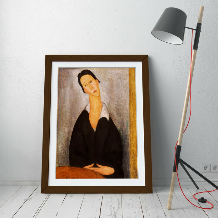 Modigliani Framed Wall Art – Polish Woman Portrait Print | Handmade Wood Grain Frame