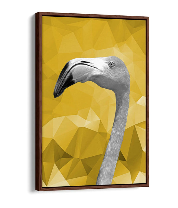 MUSTARD GEO FLAMINGO -FLOAT EFFECT CANVAS WALL ART PIC PRINT- BLACK & WHITE