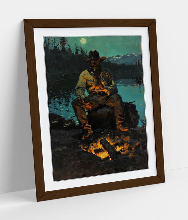 Cowboy Wall Art - Framed Campfire Poster Print With Woodgrain Frame | Rustic Western Decor