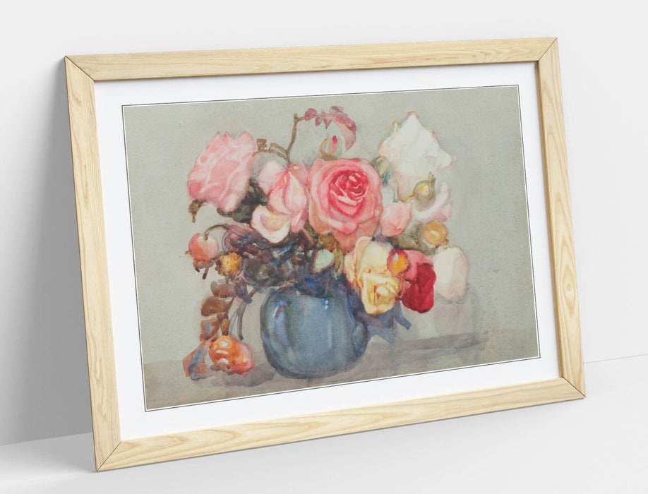 Framed Wall Art - Dorothy Richmond Roses And Berries Botanical Print With Natural Wood Frame