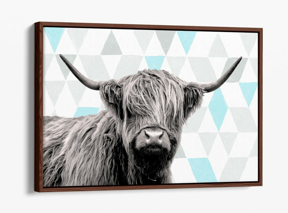 HIGHLAND COW TURQOISE GEOMETRIC LIGHT -FLOAT EFFECT CANVAS WALL ART PIC PRINT