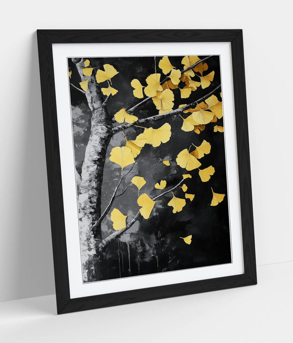 Framed Wall Art - Black and White Tree with Yellow Leaf Poster | UK Made Frames