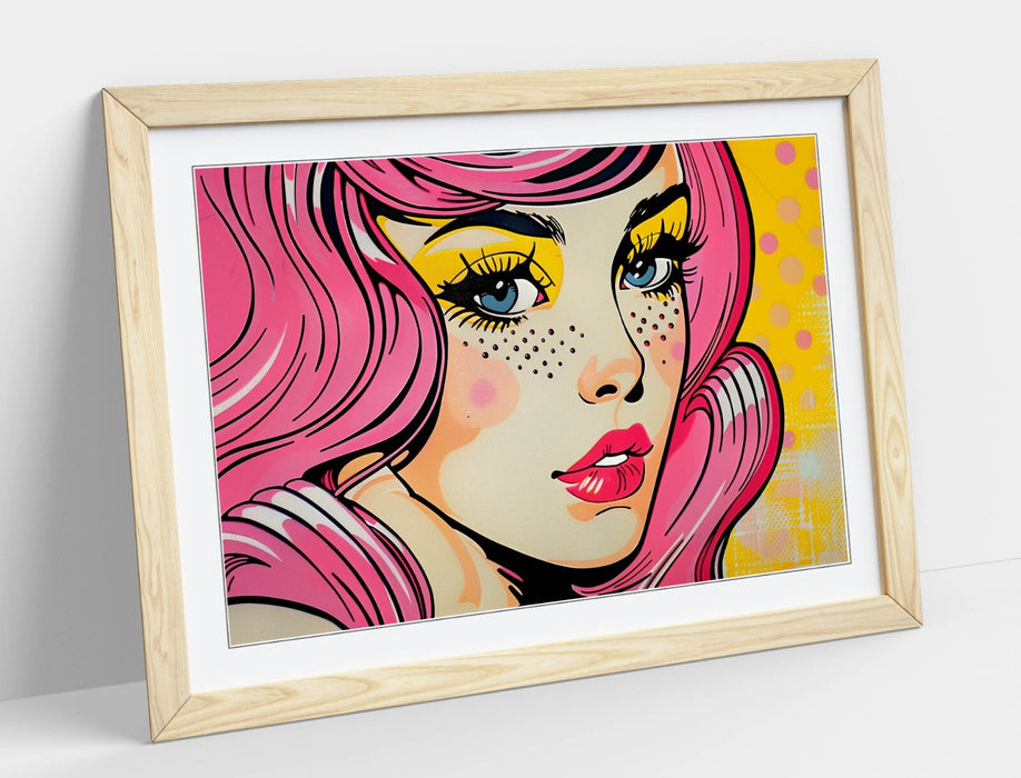 Framed Wall Art - Retro Comic Style Woman Portrait Poster Print With Faux Wood Frame