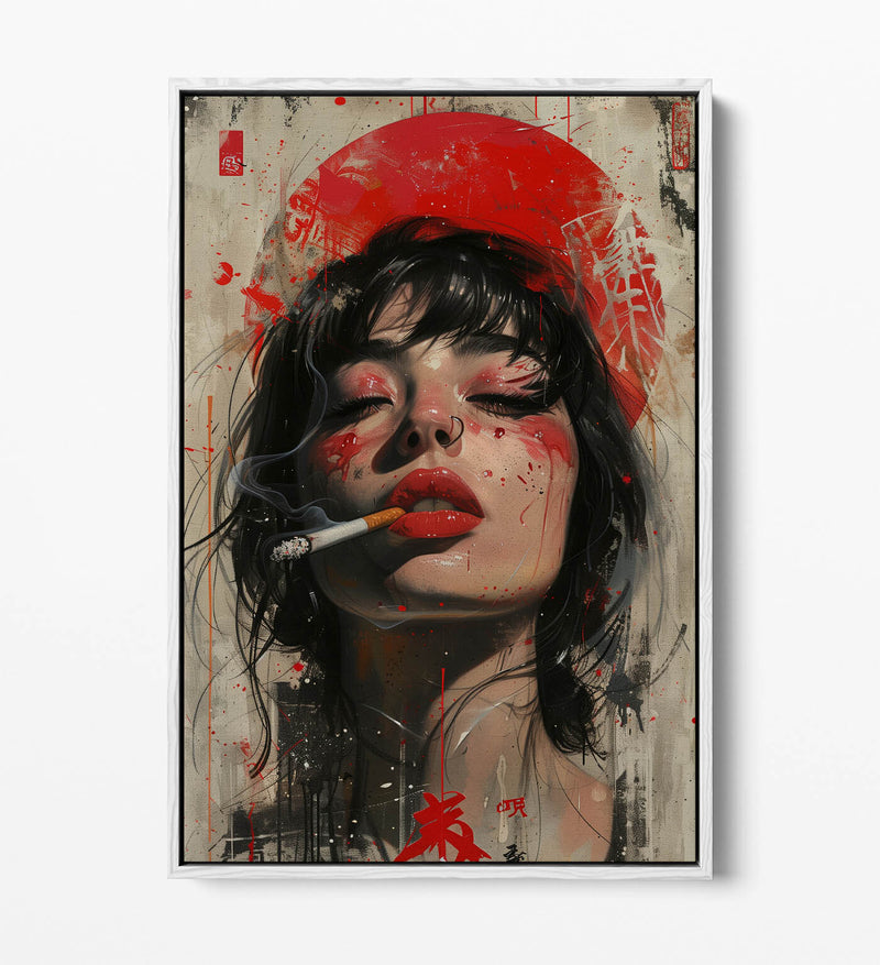 Canvas Art Print – Portrait Smoking Woman with Float Effect Frame, Vibrant Colors
