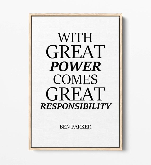 "GREAT POWER RESPONSIBILITY" SPIDERMAN QUOTE -FLOAT EFFECT CANVAS WALL ART PRINT