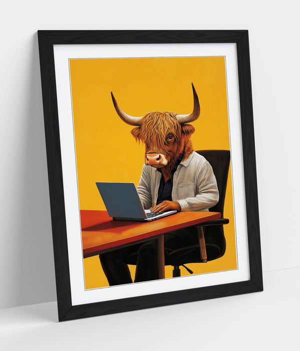 Highland Cow Wall Art – Framed Anthropomorphic Animal Poster Print With Woodgrain Frame