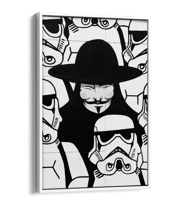 GUY FAWKES STORMTROOPERS GRAFFITI -FLOAT EFFECT CANVAS WALL ART PIC PRINT- BLACK