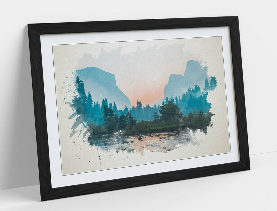 Framed Wall Art - Mountain Landscape Print With Watercolour Painting Effect