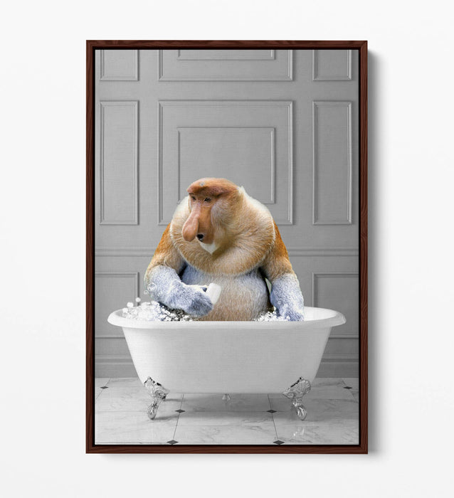 PROBISCUS MONKEY IN BATH -QUIRKY BATHROOM FLOAT EFFECT CANVAS WALL ART PRINT