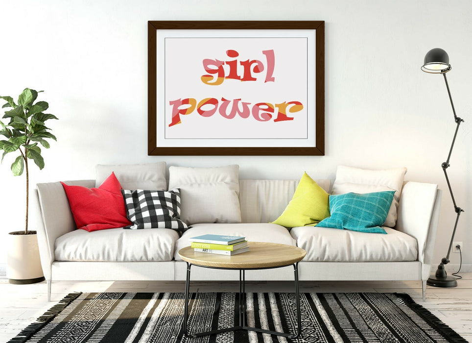 "GIRL POWER" GROOVY FEMINIST QUOTE 1 -FRAMED WALL ART PICTURE PRINT- PINK YELLOW