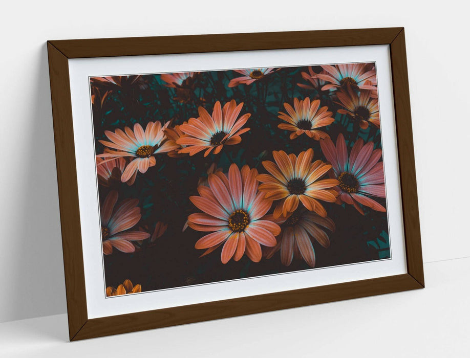 Framed Poster Art - Vintage Wall Art With Teal Peach Flowers & Woodgrain Frame