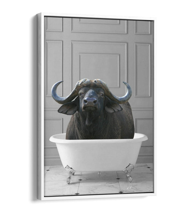 WATER BUFFALO IN BATHTUB -QUIRKY BATHROOM FLOAT EFFECT CANVAS WALL ART PRINT