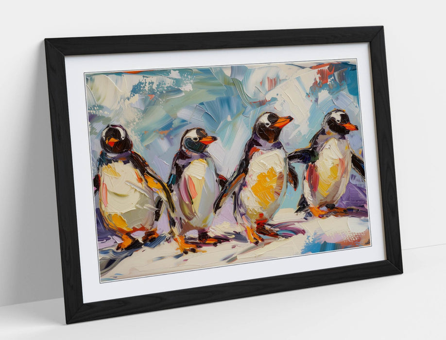 Penguins Wall Art - Cute Group Impressionist Framed Poster Print 4 Sizes