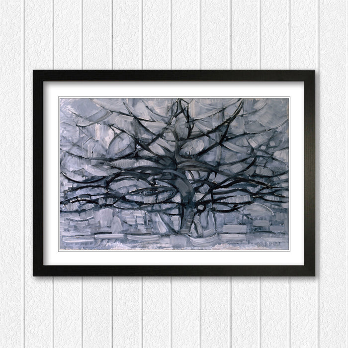 Mondrian Framed Wall Art – Abstract Geometric Art Print With Wood Grain Frame