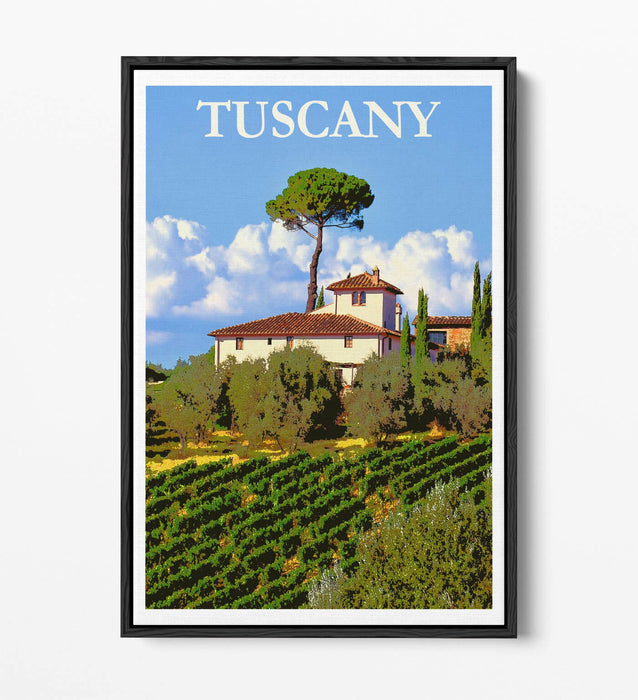 VINTAGE RETRO TUSCANY TRAVEL POSTER -FLOAT EFFECT CANVAS ART PRINT- BLUE