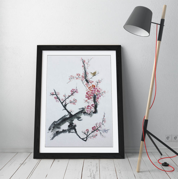 Framed Wall Art - Asian Tree Blossom Print With Woodgrain Frame Design