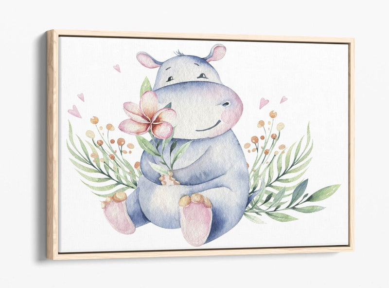 Watercolour Hippo Canvas - Cute Animal Print Floral Wall Art with Float Effect