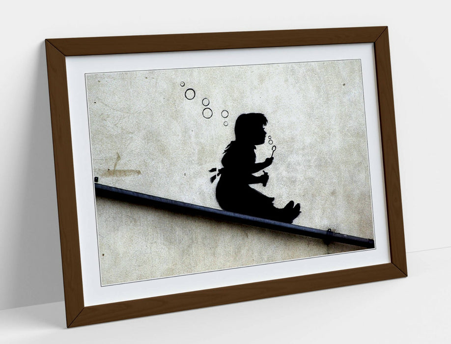 BANKSY GIRL SLIDE -ART FRAMED POSTER PICTURE PRINT ARTWORK- BLACK & WHITE