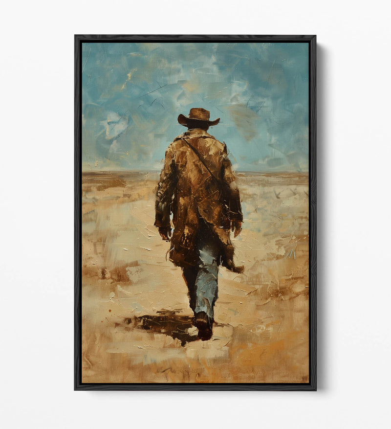 Canvas Wall Art - Wandering Cowboy Blue Sky Landscape Float Effect Print