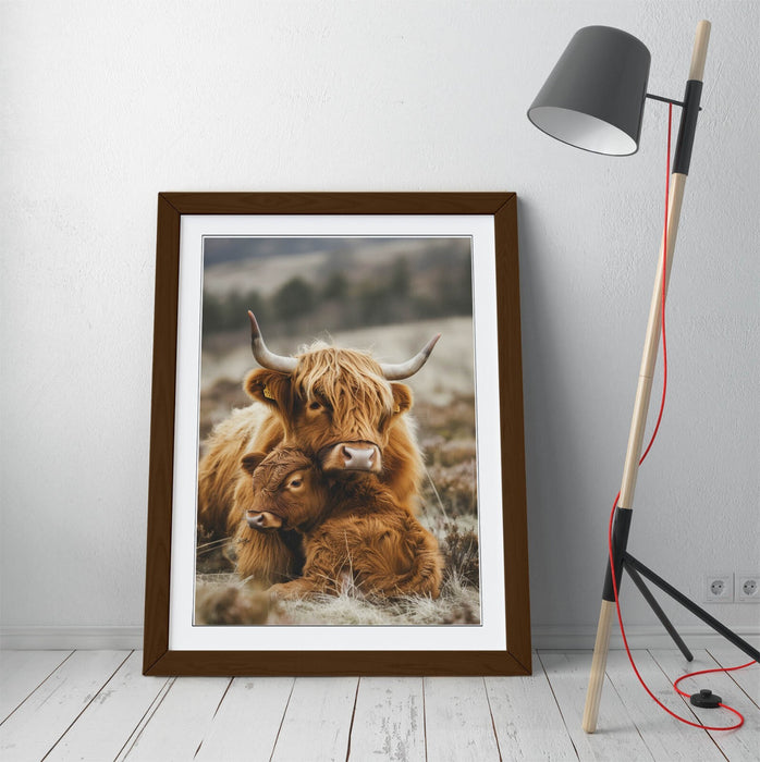 Highland Cow Wall Art – Framed Mother And Calf Animal Poster Print 4 Sizes