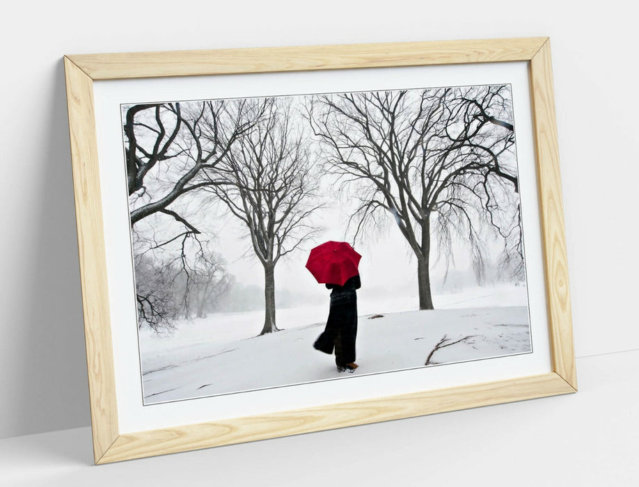 Framed Art Print - Red Umbrella Artwork | Snow Scene Print With Wood Grain Frame