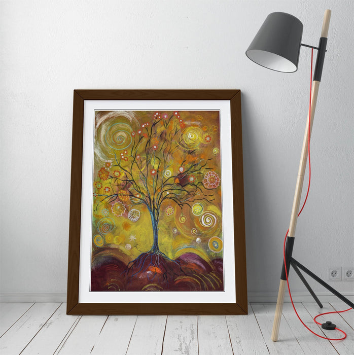 Tree Of Life Art - Whimsical Wall Print Framed Wall Art With Wood Grain Frame