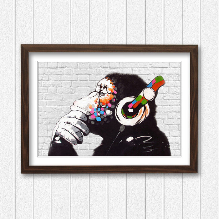 BANKSY DJ MONKEY WHITE BRICK FRAMED STREET ART POSTER PICTURE PRINT 4 SIZES
