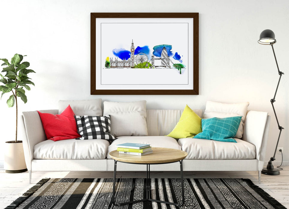 London Cityscape Wall Art – Framed Watercolour Poster Print With Wood Grain Frame