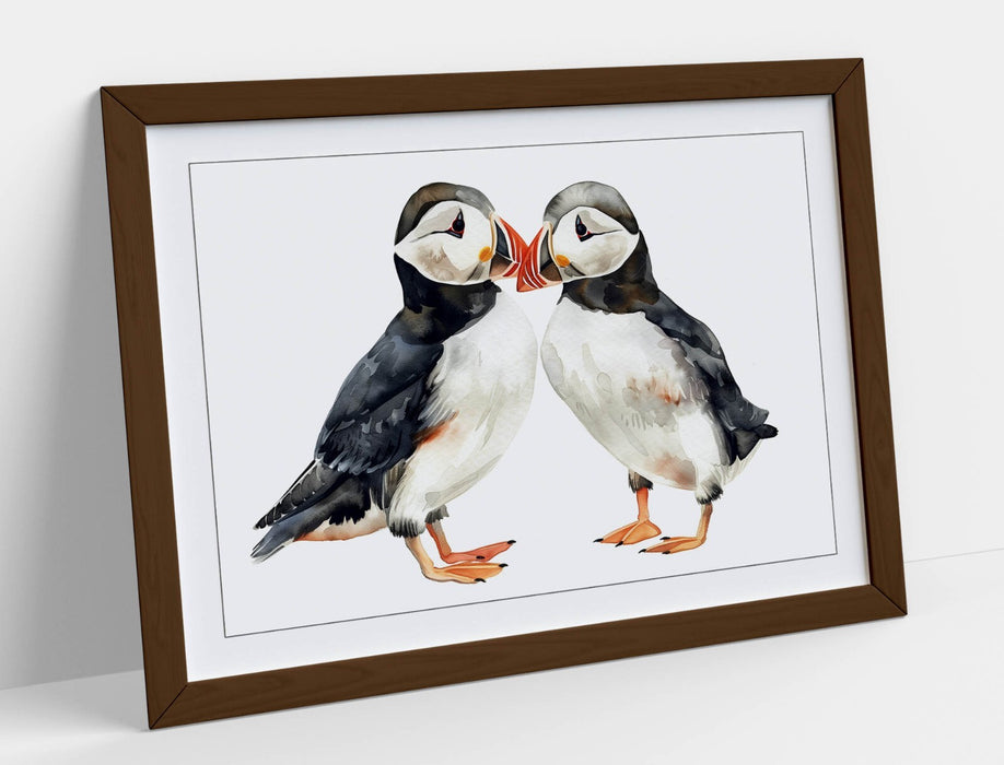 Puffins Wall Art – Framed Cute Animal Poster With Woodgrain Frame Print